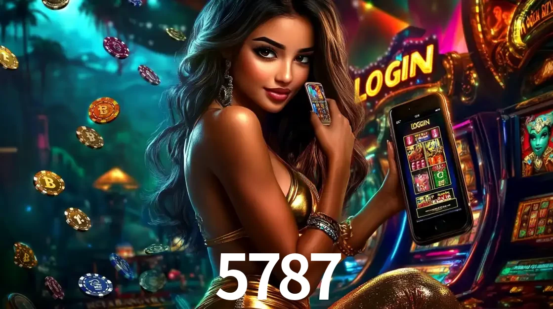 Mulher em um cenário de cassino temático de aventura, mostrando o app de caça-níqueis da 5787 no celular. Fichas de apostas flutuam ao redor.